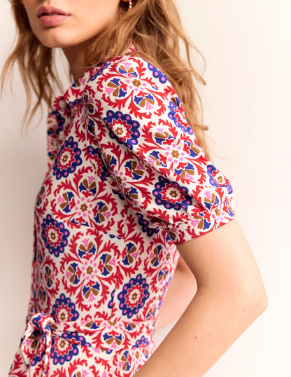 Libby Jersey Midi Shirt Dress-Rubicondo, Mosaic Bloom