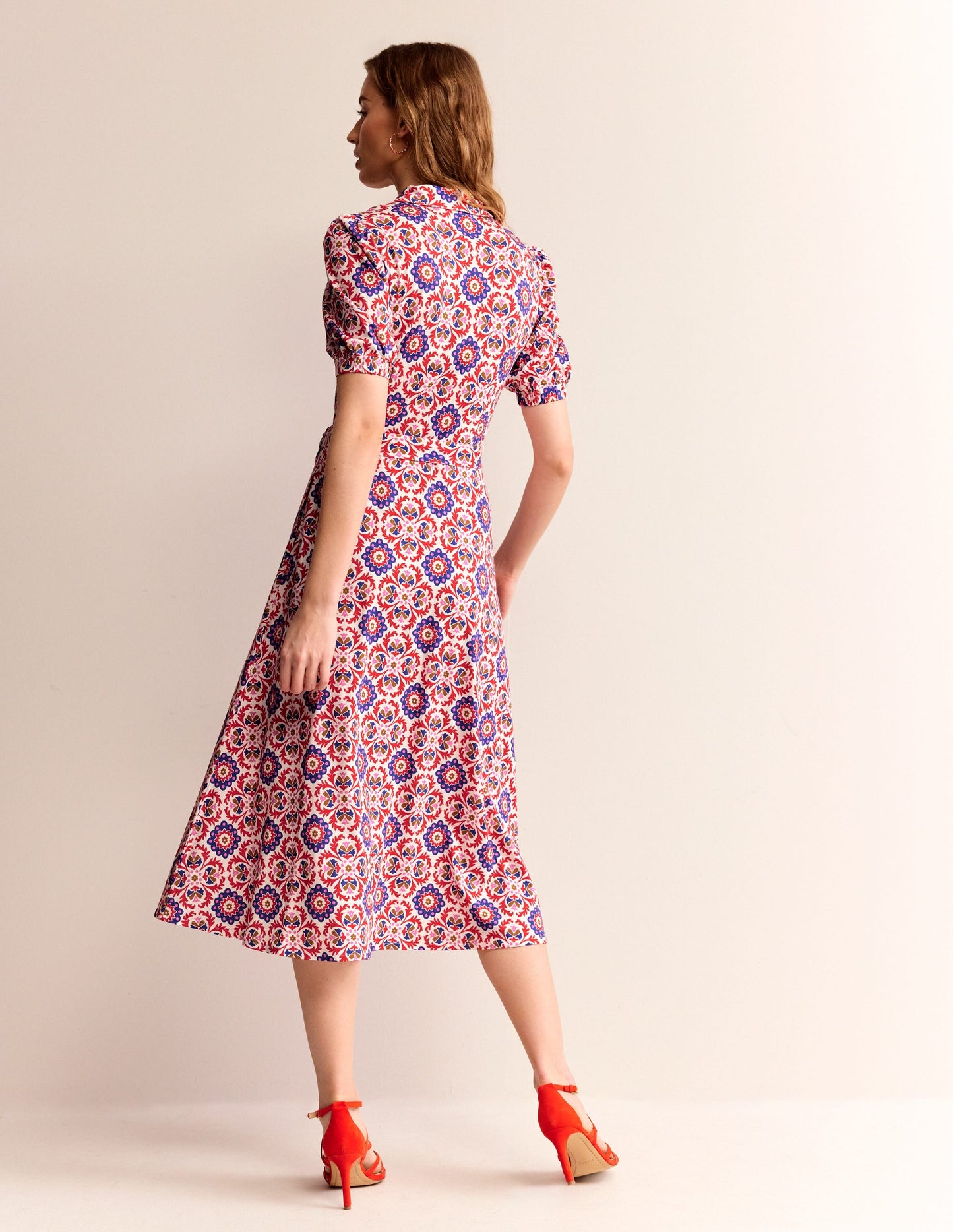 Libby Jersey Midi Shirt Dress-Rubicondo, Mosaic Bloom