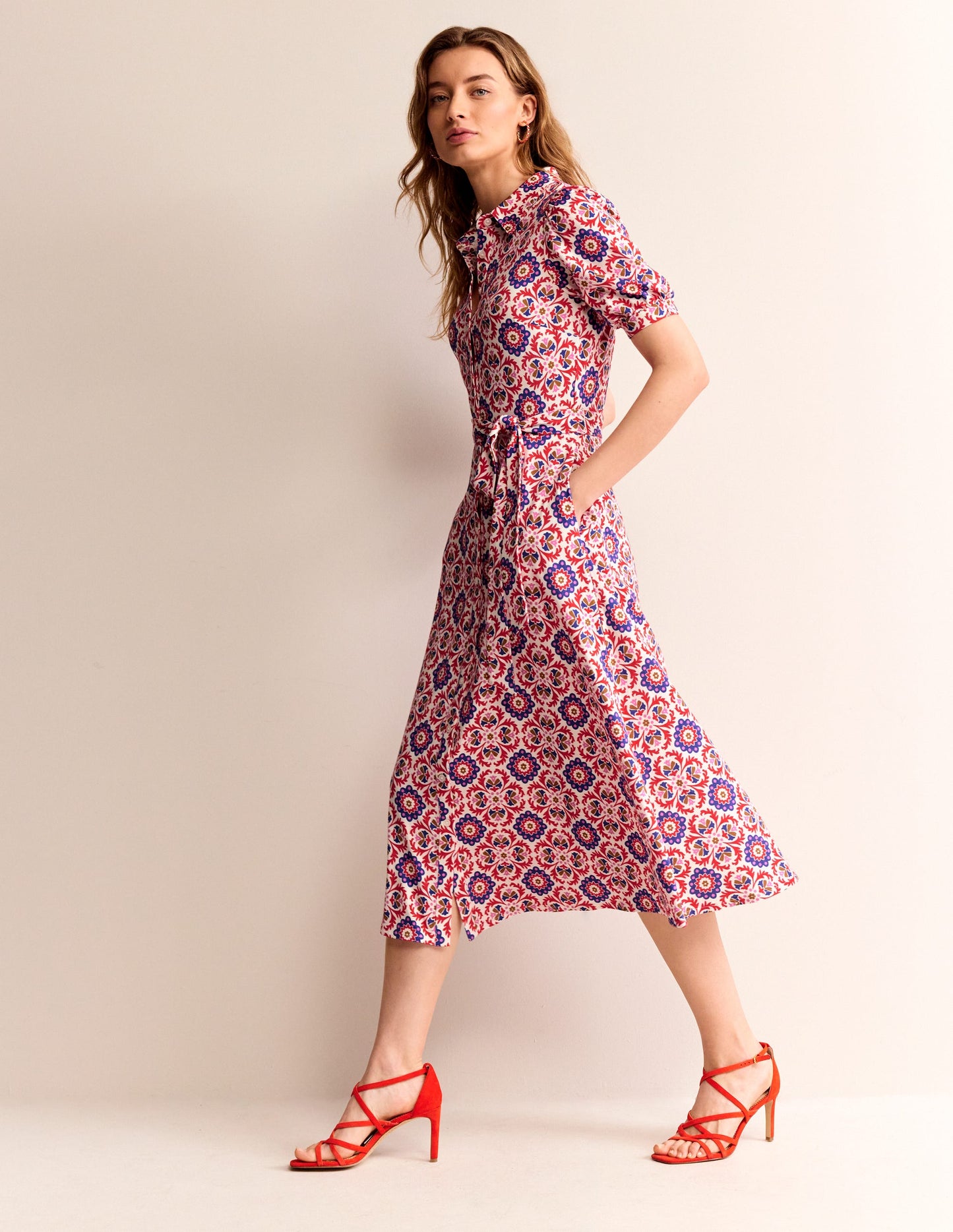 Libby Jersey Midi Shirt Dress-Rubicondo, Mosaic Bloom