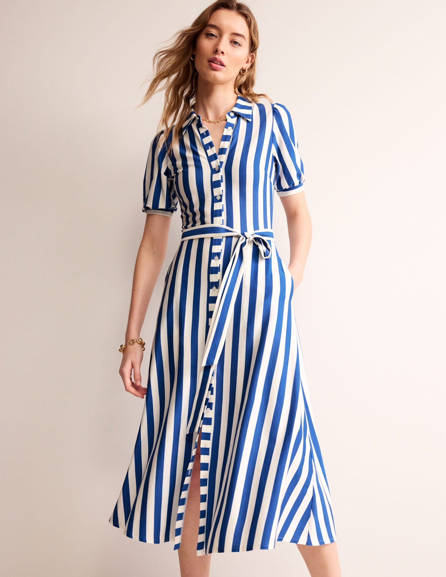 Libby Jersey Midi Shirt Dress-Blue, Ivory Stripe