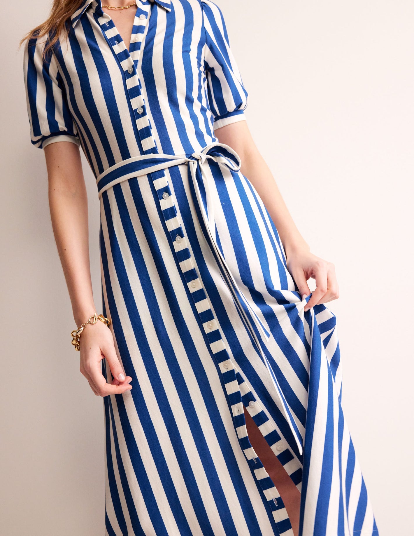 Libby Jersey Midi Shirt Dress-Blue, Ivory Stripe