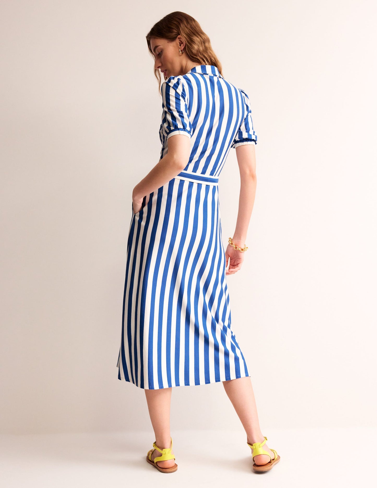 Libby Jersey Midi Shirt Dress-Blue, Ivory Stripe