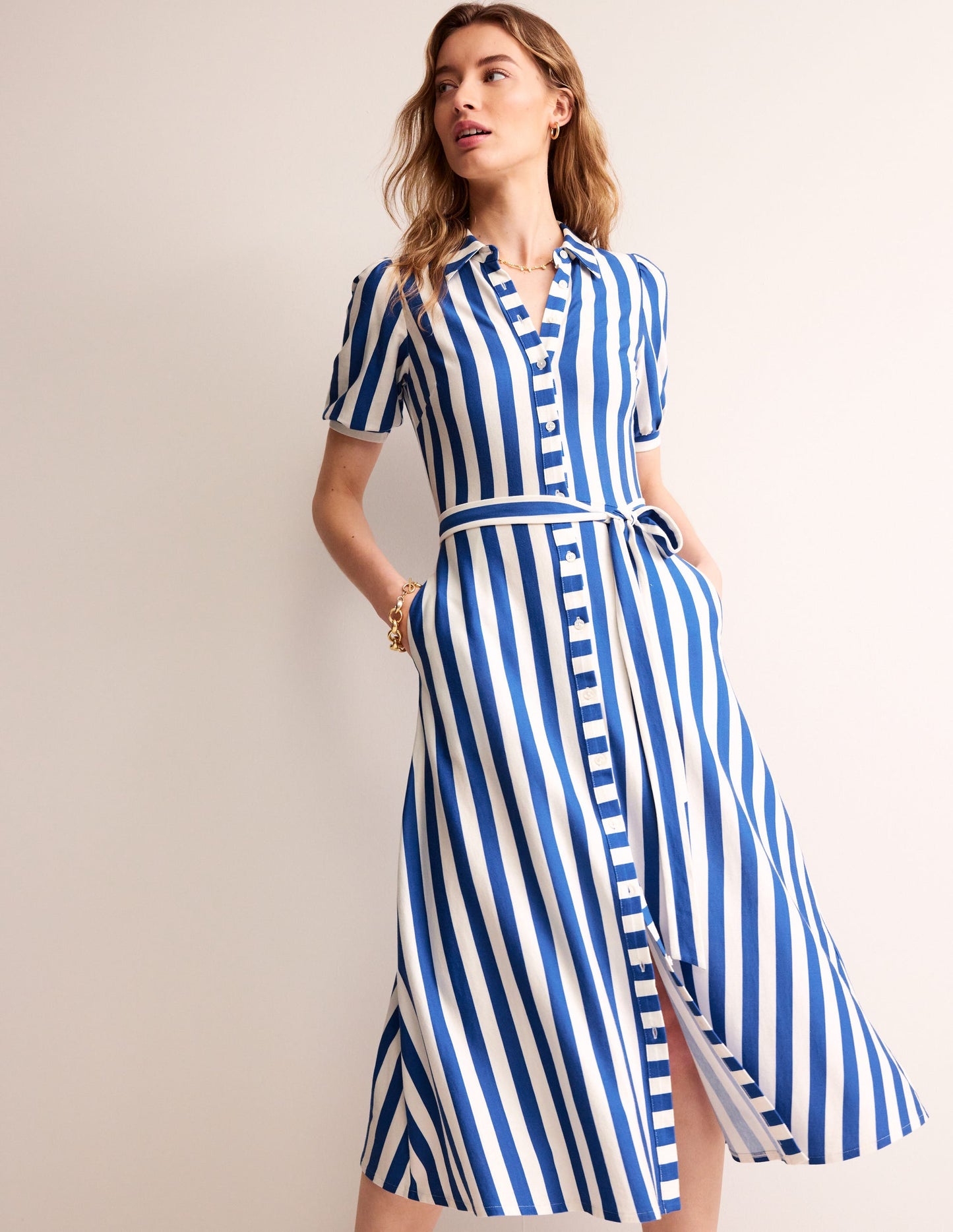 Libby Jersey Midi Shirt Dress-Blue, Ivory Stripe