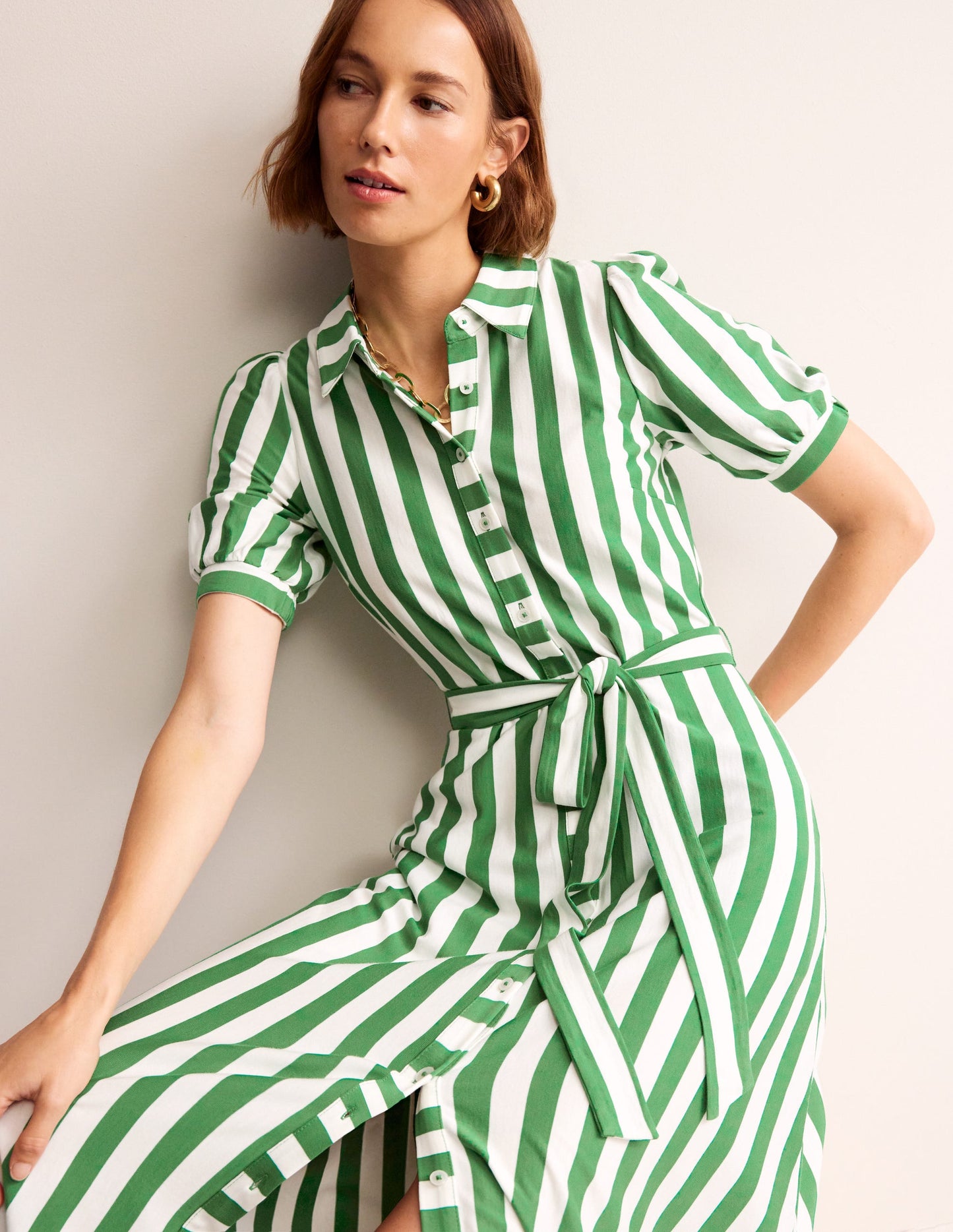 Libby Jersey Midi Shirt Dress-Green, Ivory Stripe