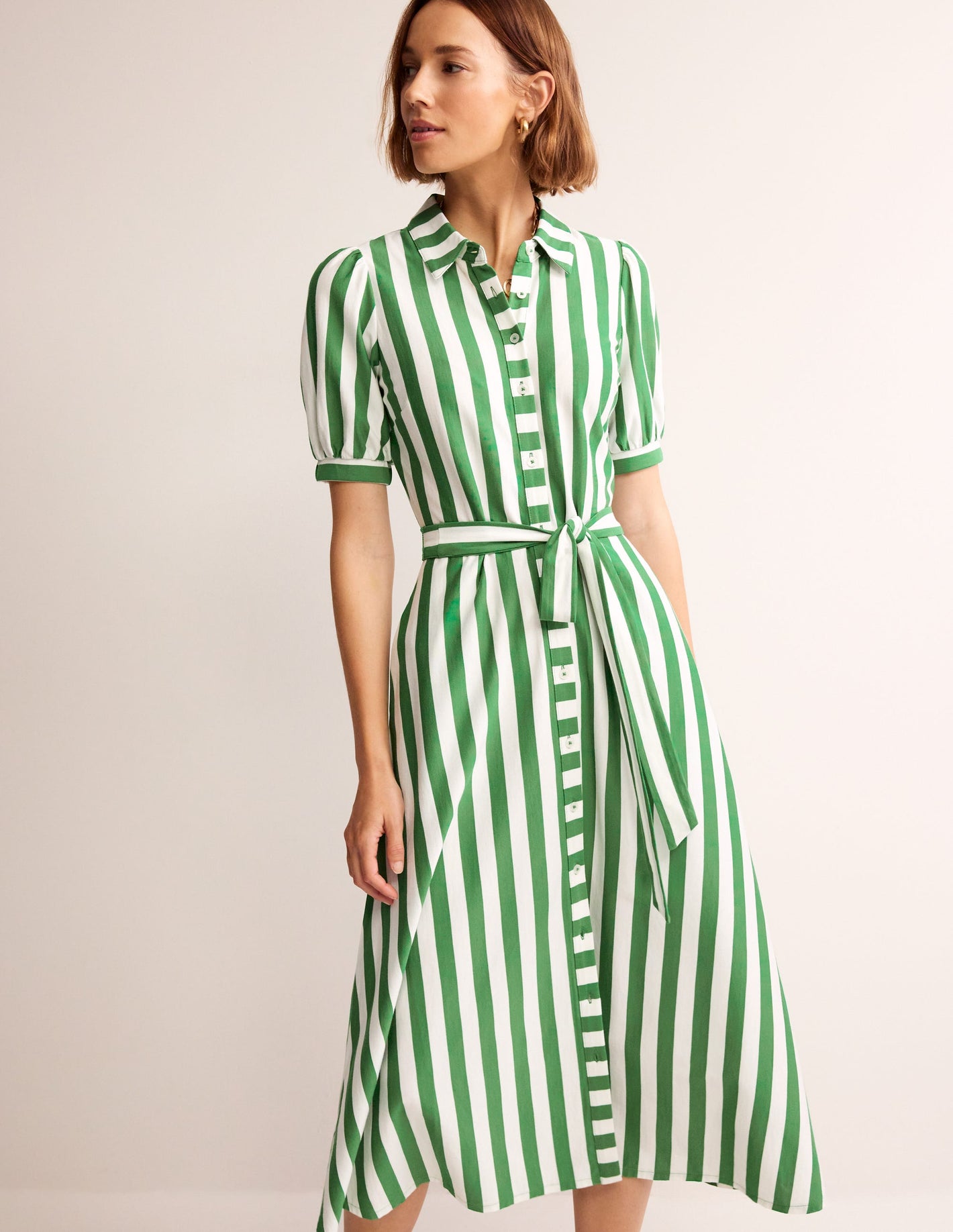 Libby Jersey Midi Shirt Dress-Green, Ivory Stripe