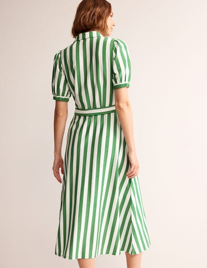 Libby Jersey Midi Shirt Dress-Green, Ivory Stripe