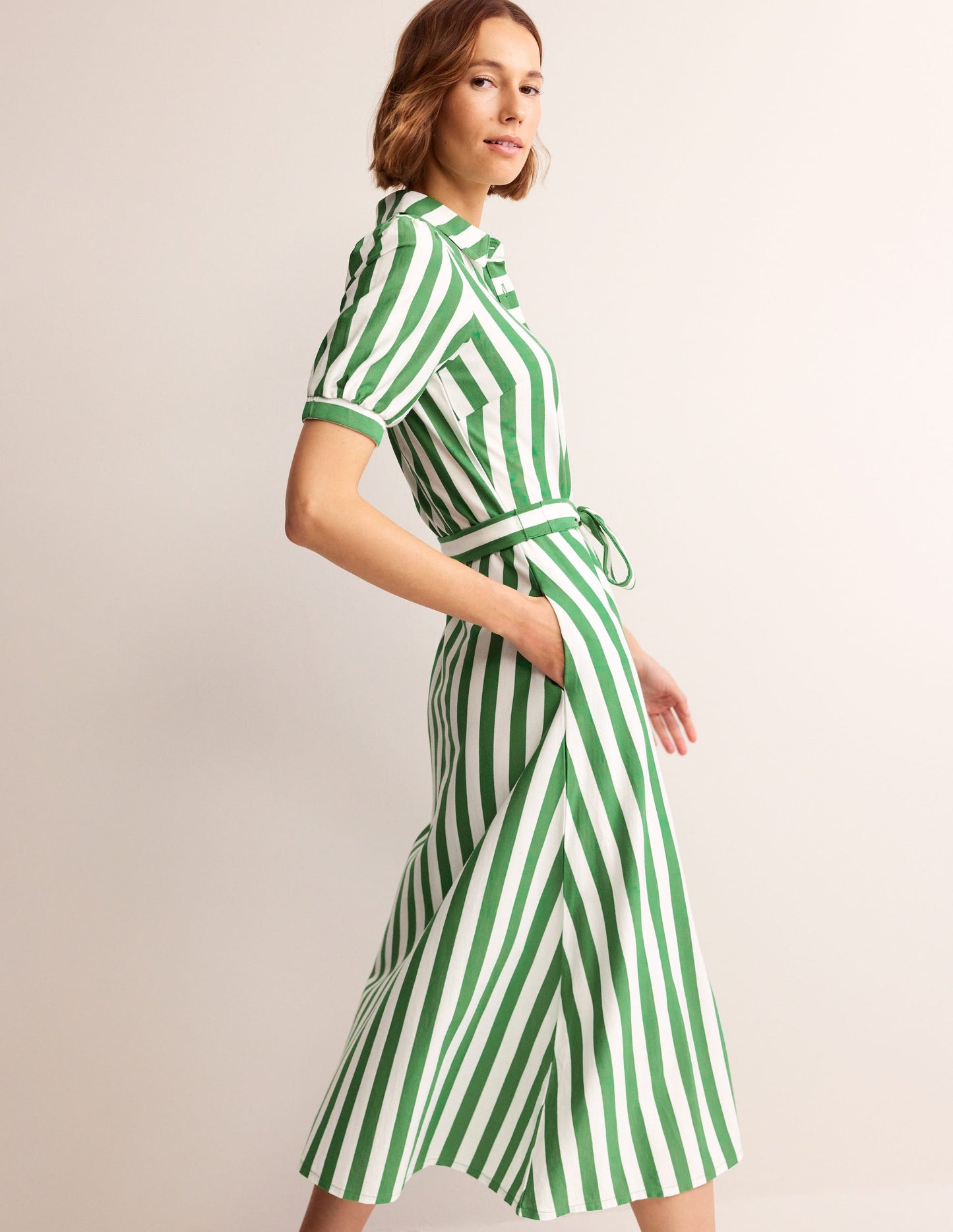 Libby Jersey Midi Shirt Dress-Green, Ivory Stripe