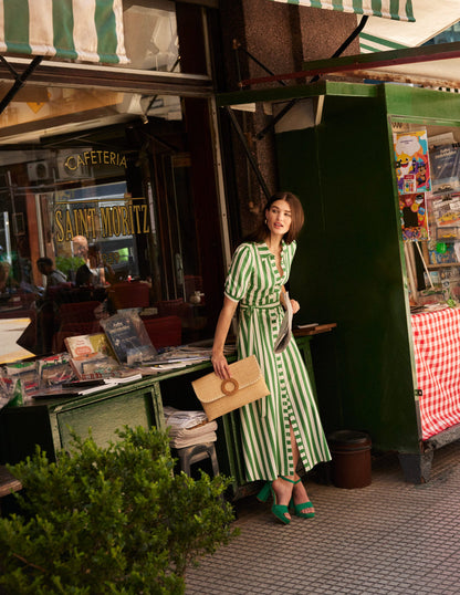 Libby Jersey Midi Shirt Dress-Green, Ivory Stripe