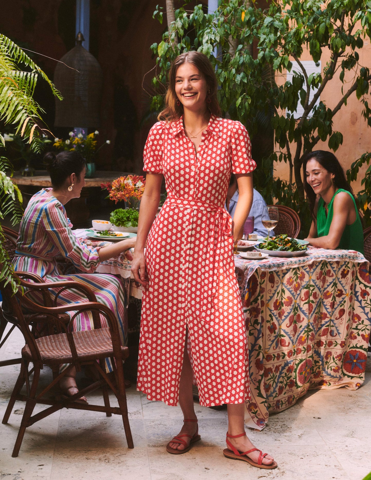 Libby Jersey Midi Shirt Dress-Flame Scarlet, Honeycomb Geo