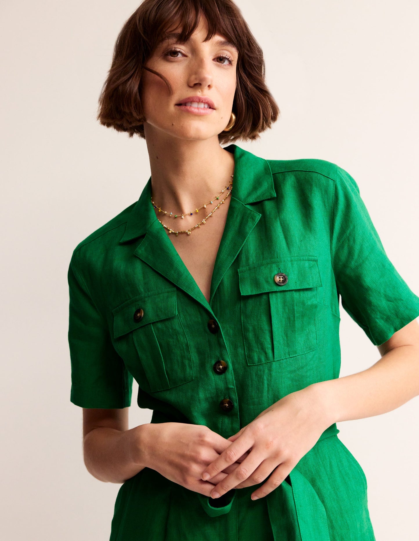 Belted Linen Jumpsuit-Green Tambourine