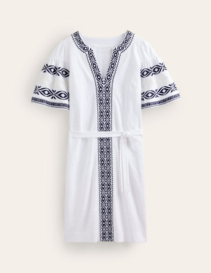 Embroidered Jersey Short Dress-White