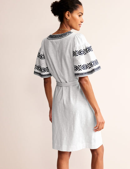 Embroidered Jersey Short Dress-White