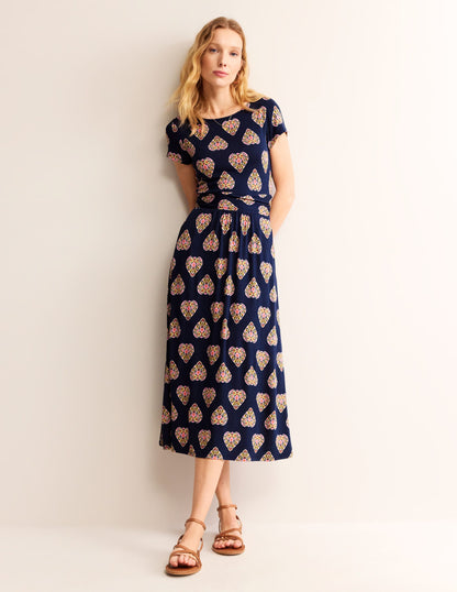 Amelie Jersey Midi Dress-French Navy, Flora Stamp