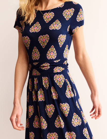 Amelie Jersey Midi Dress-French Navy, Flora Stamp