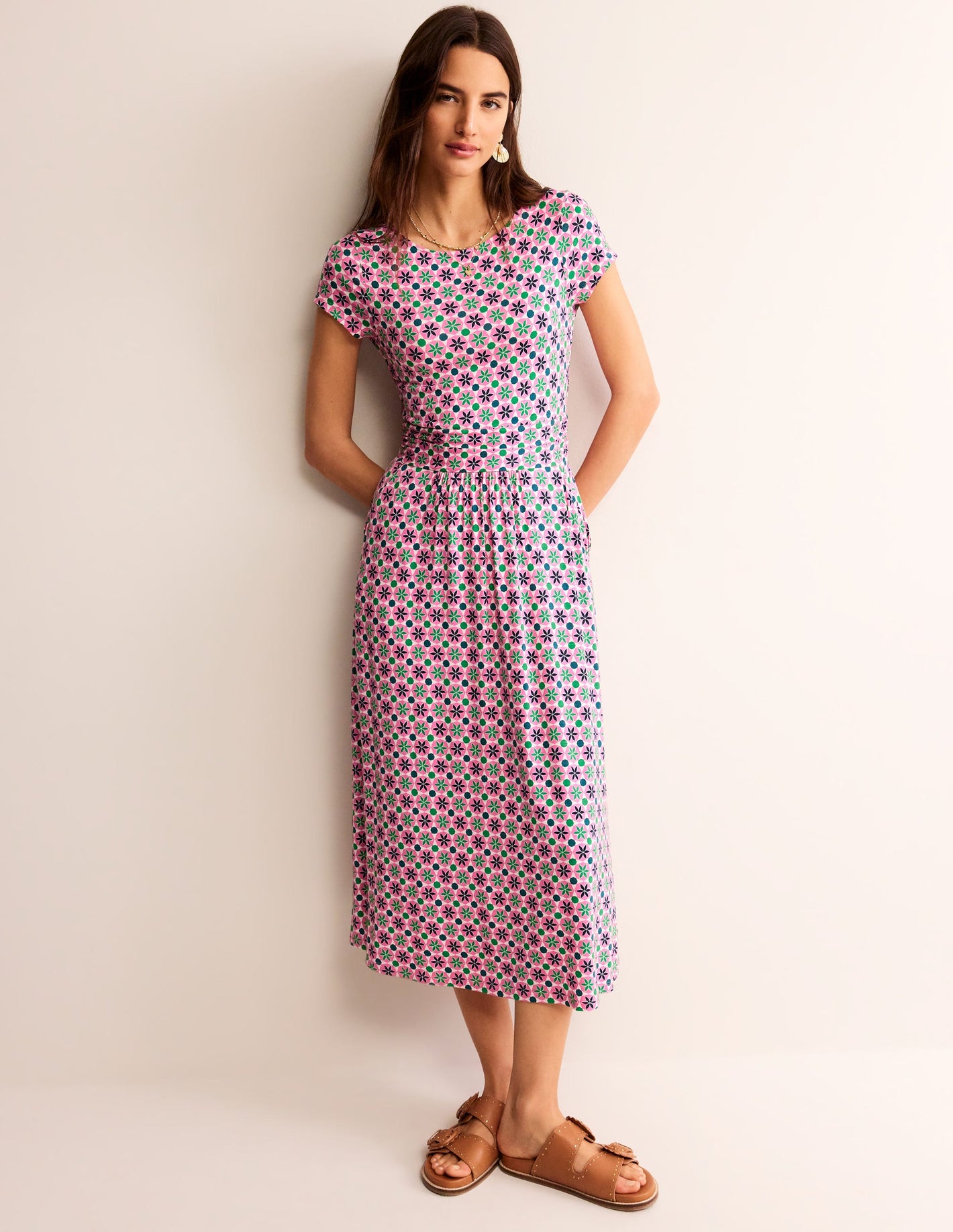 Amelie Jersey Midi Dress-Pink Power, Botanic Tile