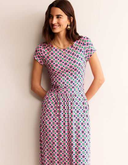 Amelie Jersey Midi Dress-Pink Power, Botanic Tile