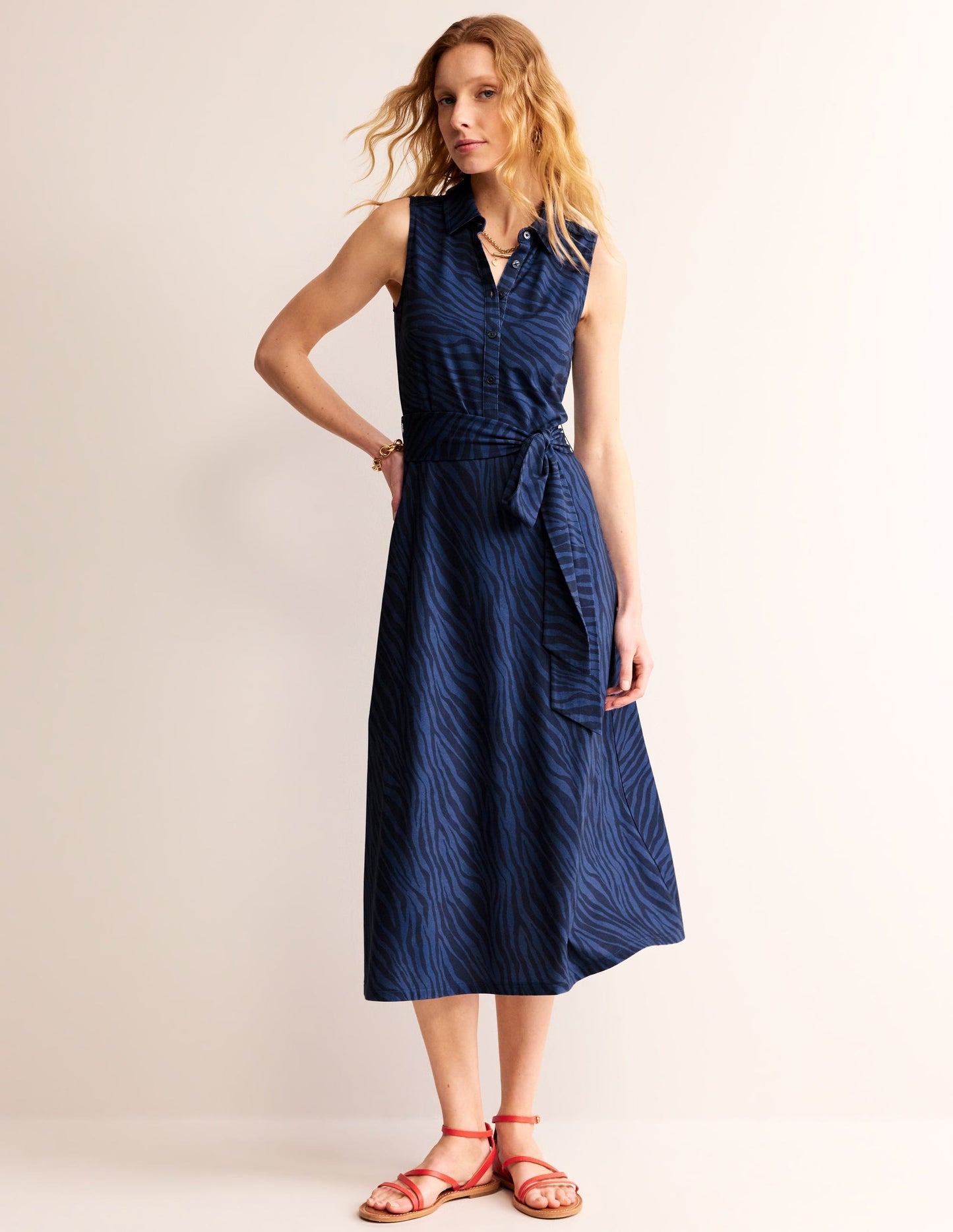 Laura Sleeveless Shirt Dress-True Navy, Animal Stripe