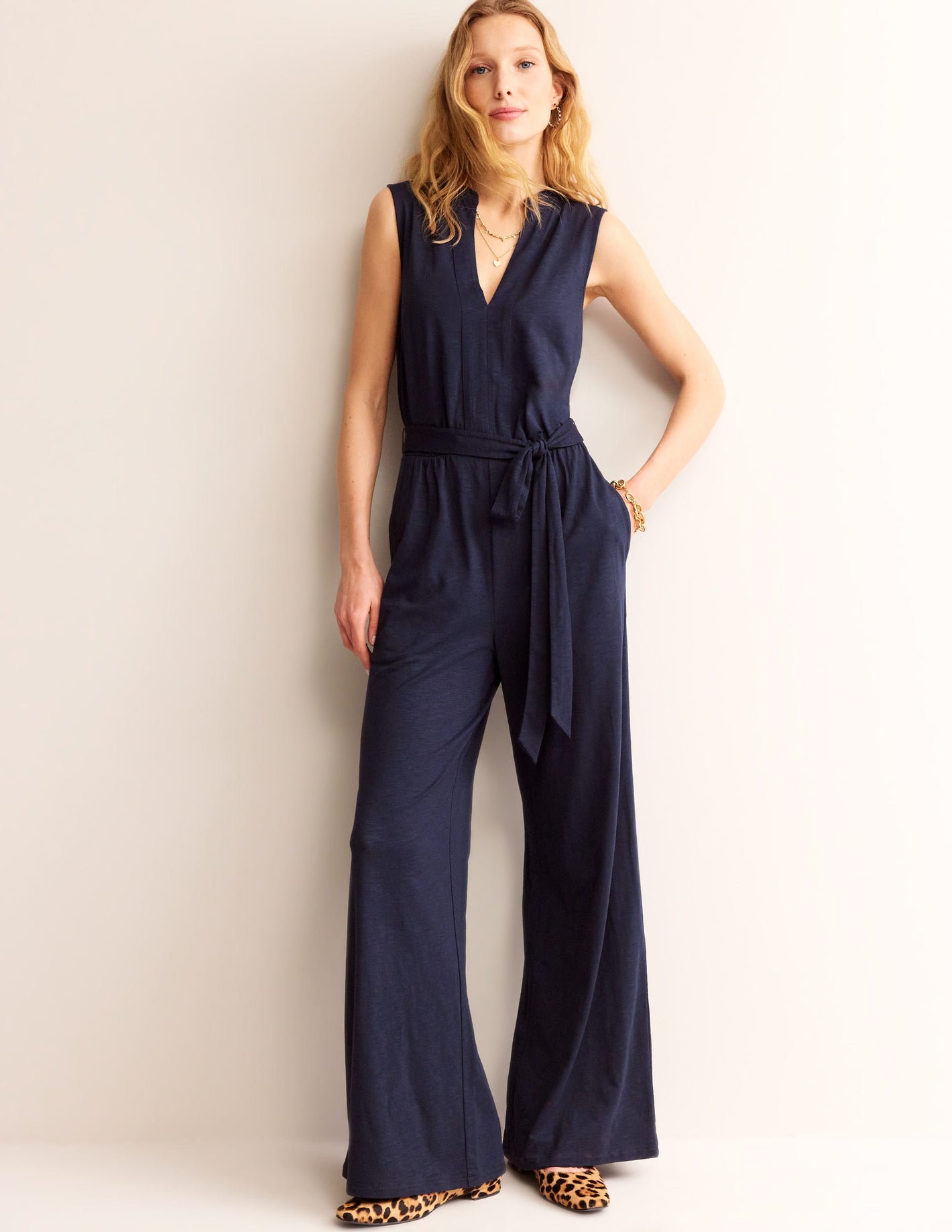 Naomi Notch Jersey Jumpsuit-Navy