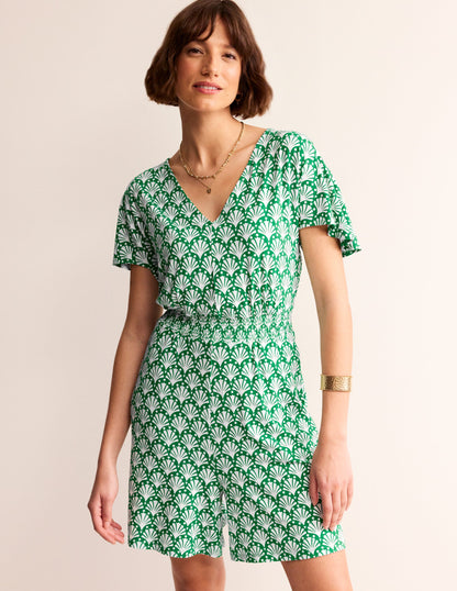 Smocked Jersey Playsuit-Green Tambourine, Shells