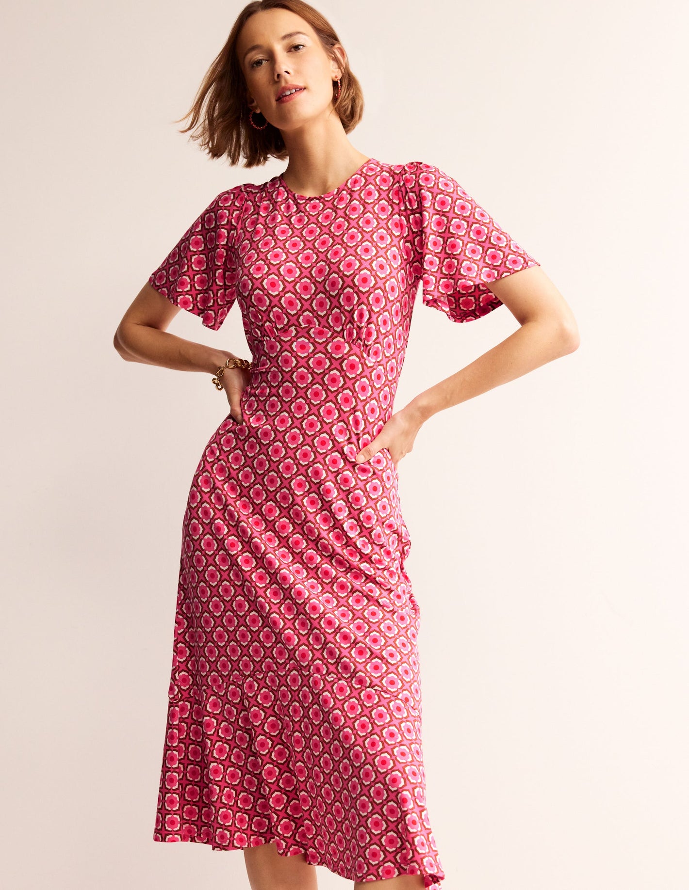 Felicity Jersey Midi Tea Dress-Sangria Sunset, Geo Pome