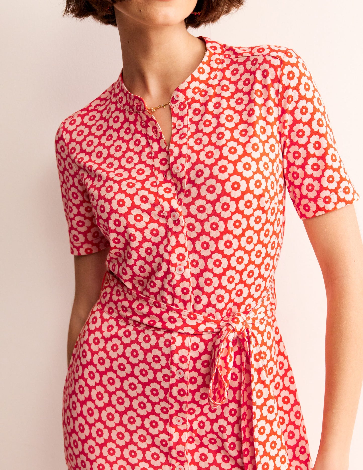 Julia Short Sleeve Shirt Dress-Flame Scarlet, Primrose Stamp