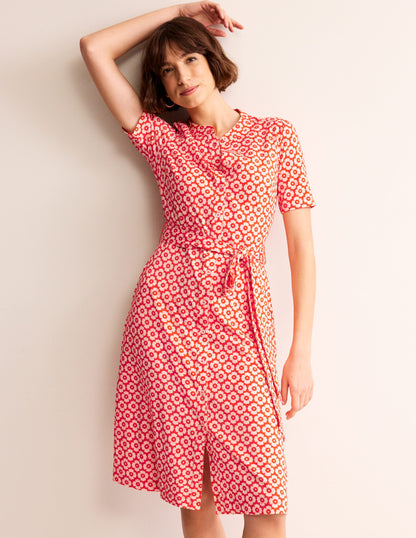 Julia Short Sleeve Shirt Dress-Flame Scarlet, Primrose Stamp