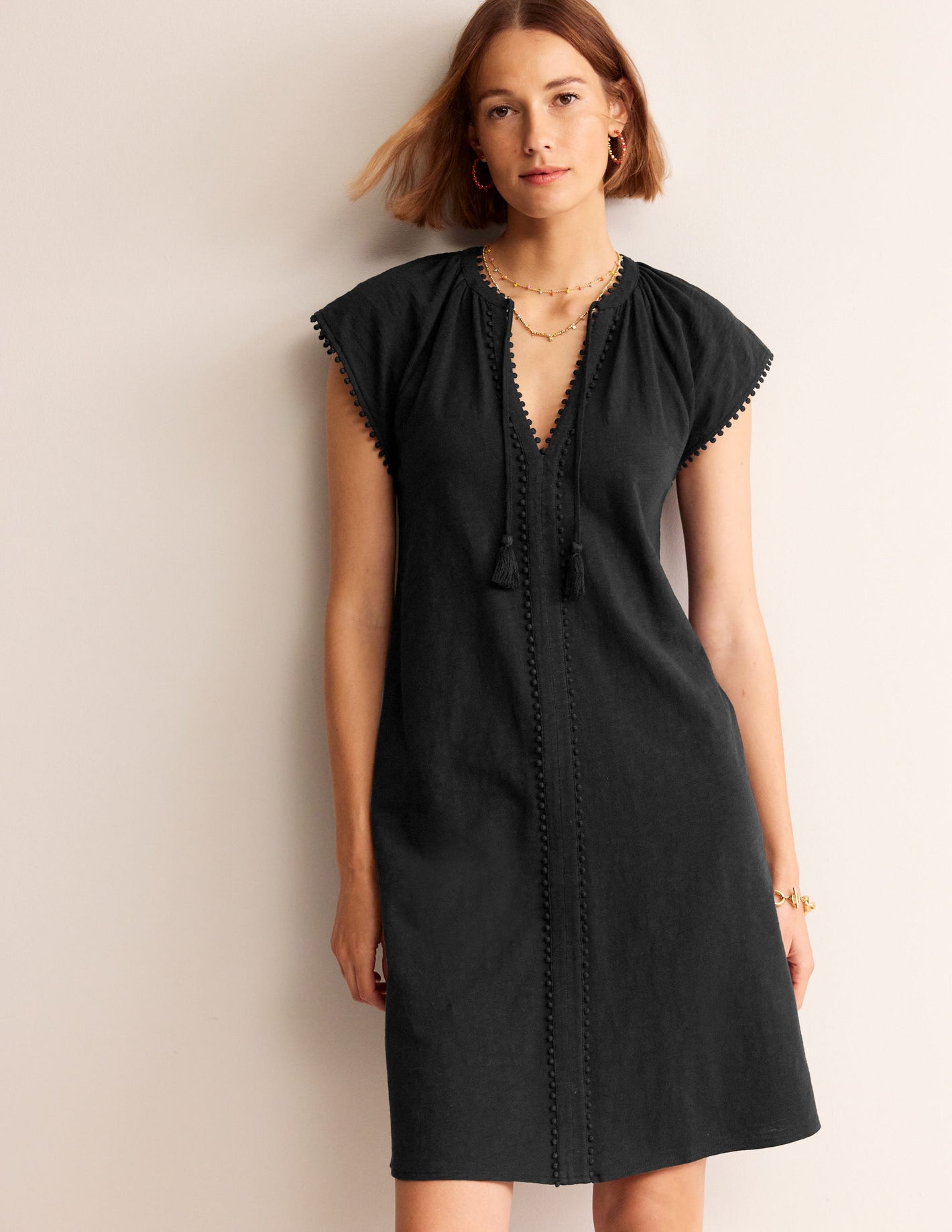 Millie Pom Cotton Dress-Black