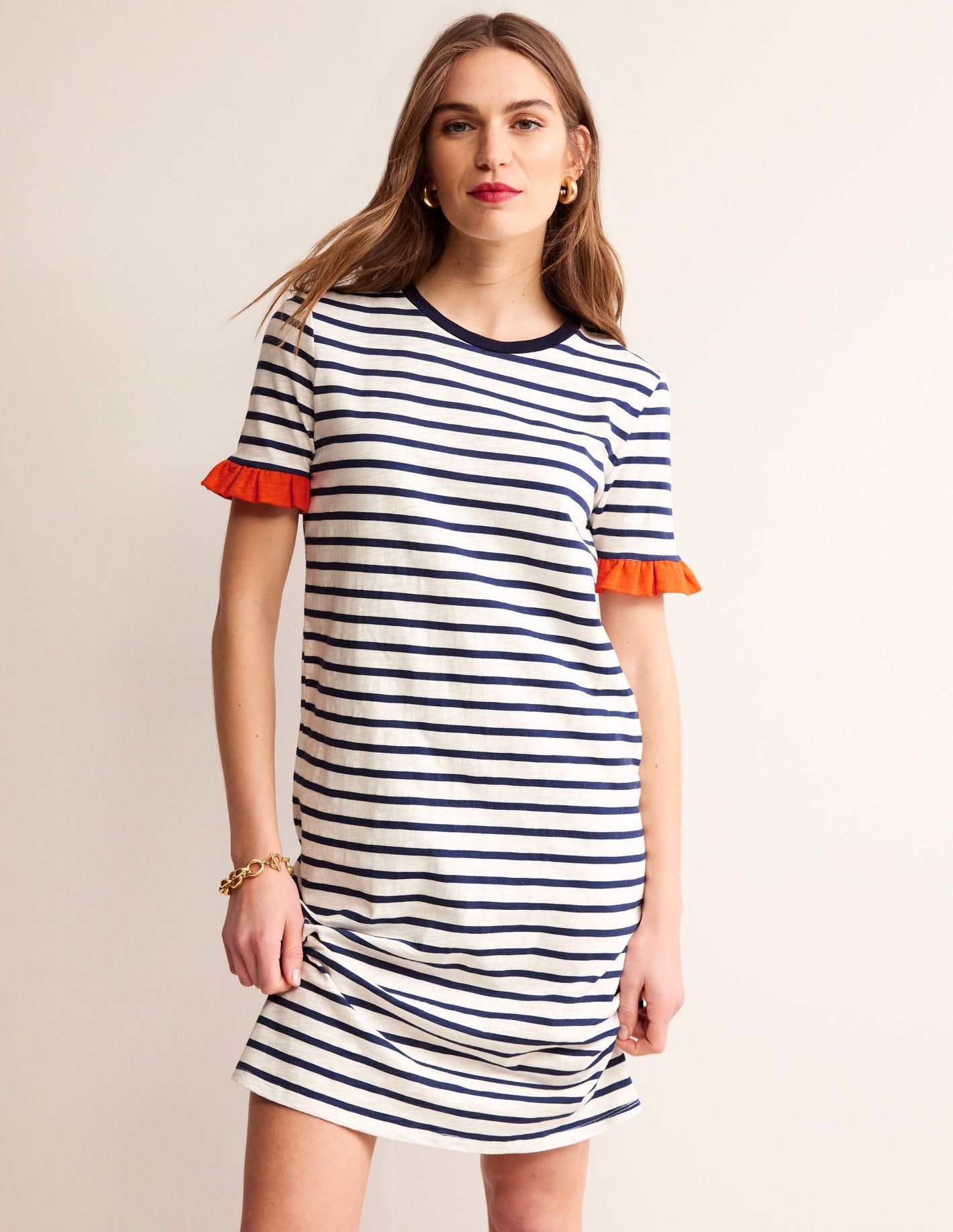 Emily Ruffle Cotton Dress-Ivory, Navy Stripe