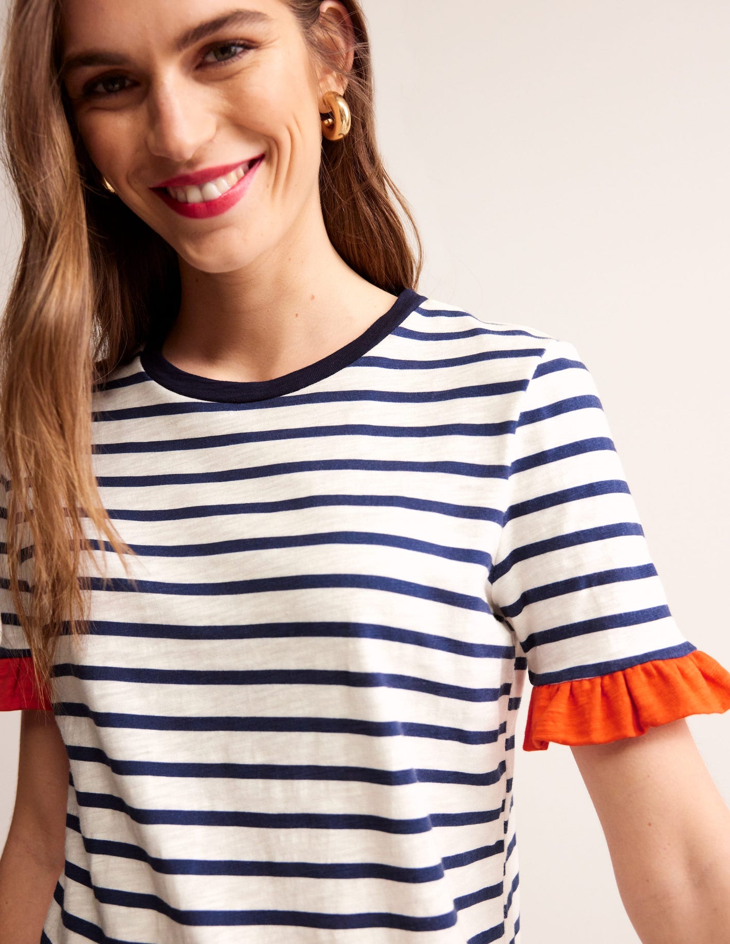 Emily Ruffle Cotton Dress-Ivory, Navy Stripe