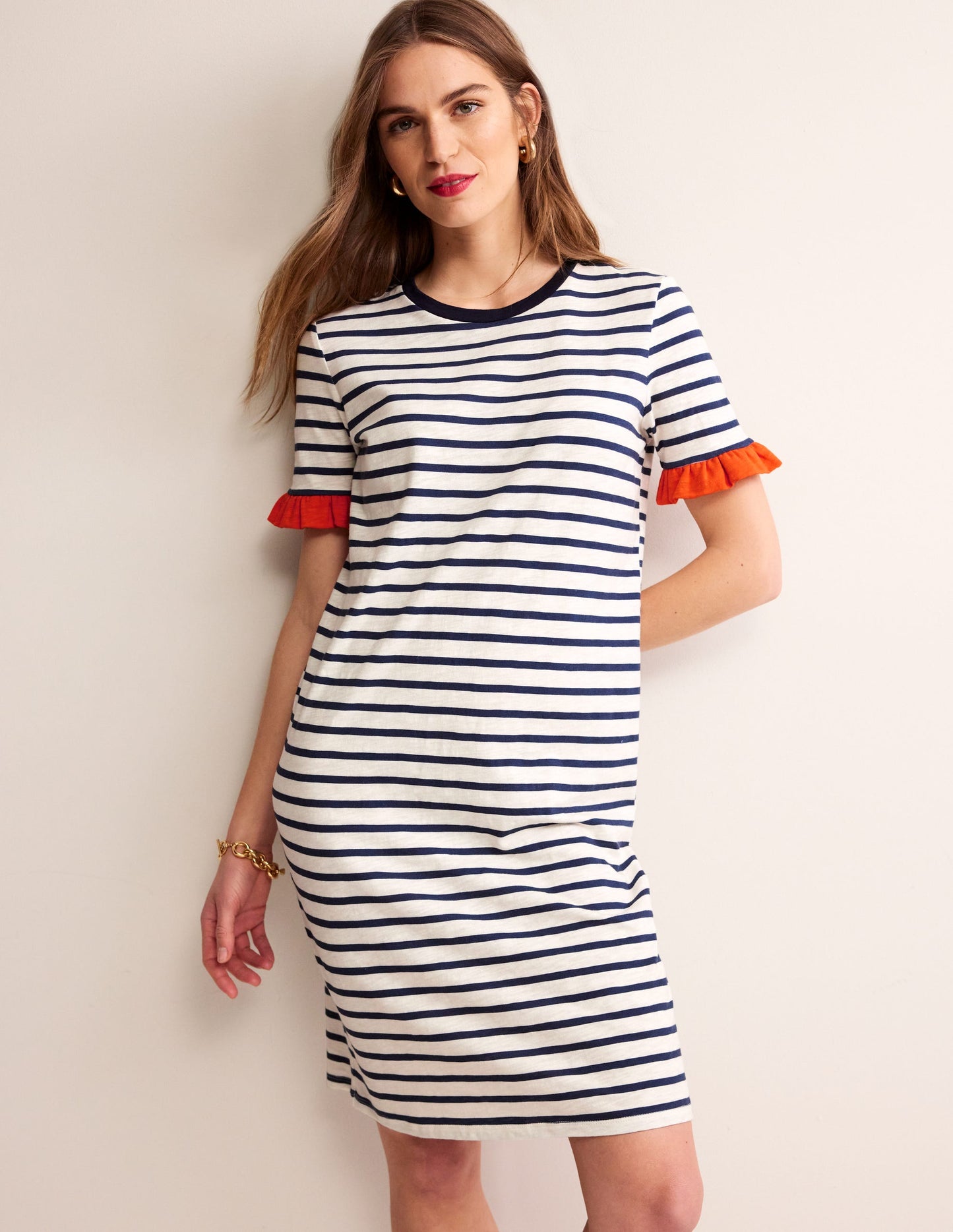 Emily Ruffle Cotton Dress-Ivory, Navy Stripe