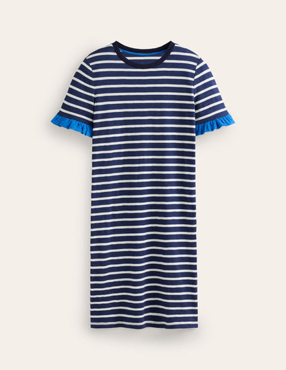 Emily Ruffle Cotton Dress-Navy, Ivory Stripe