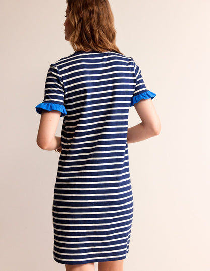 Emily Ruffle Cotton Dress-Navy, Ivory Stripe