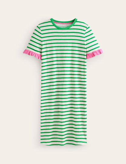 Emily Ruffle Cotton Dress-Ivory, Green Stripe