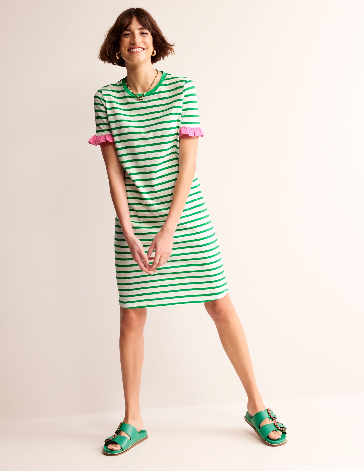 Emily Ruffle Cotton Dress-Ivory, Green Stripe