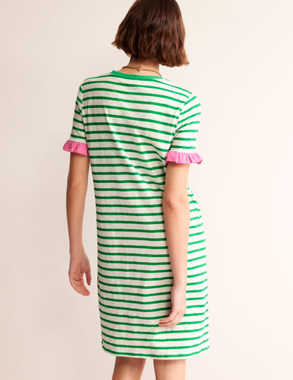 Emily Ruffle Cotton Dress-Ivory, Green Stripe