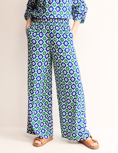 Crinkle Wide Trousers-Green Tambourine, Geometric