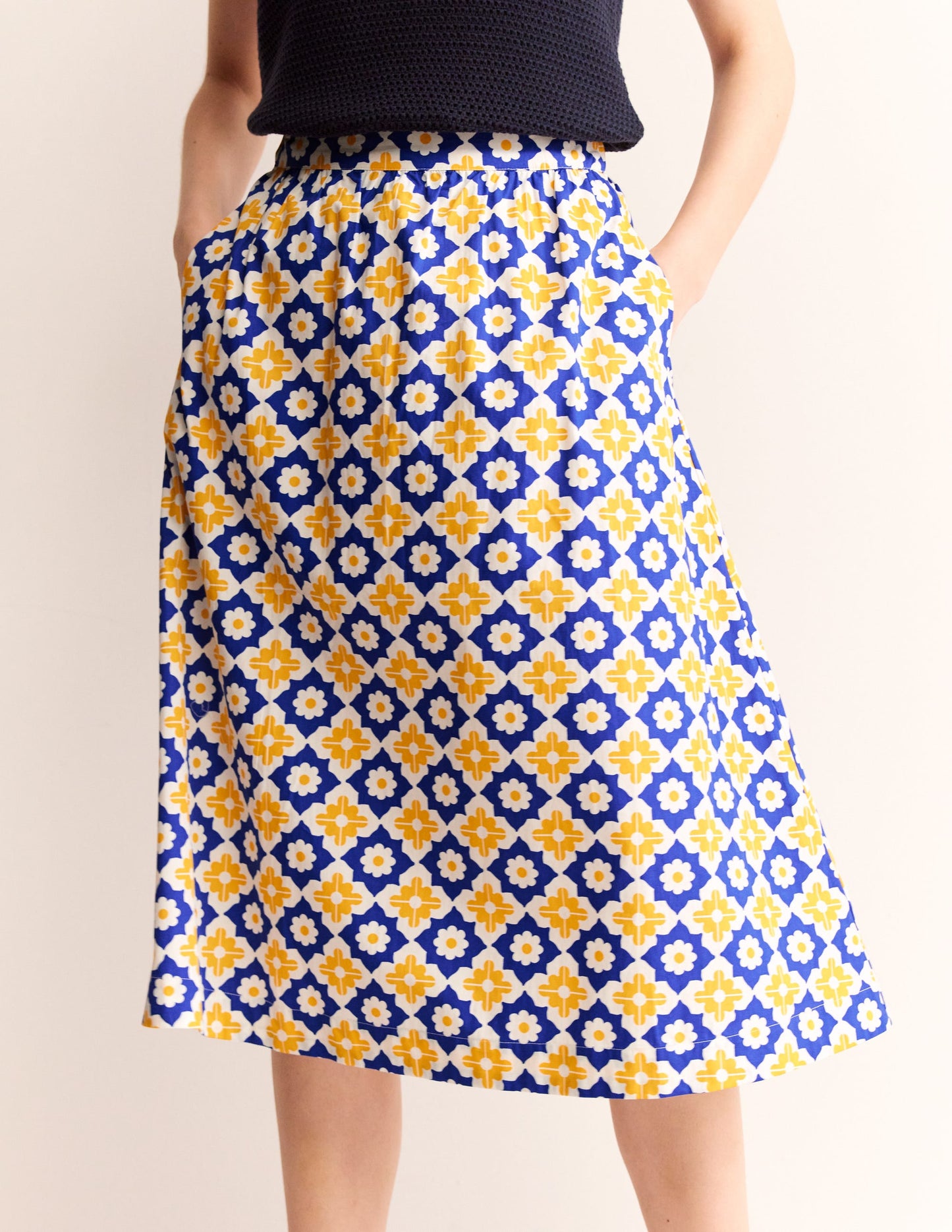 Hattie Poplin Midi Skirt-Surf the Web, Geometric Stamp