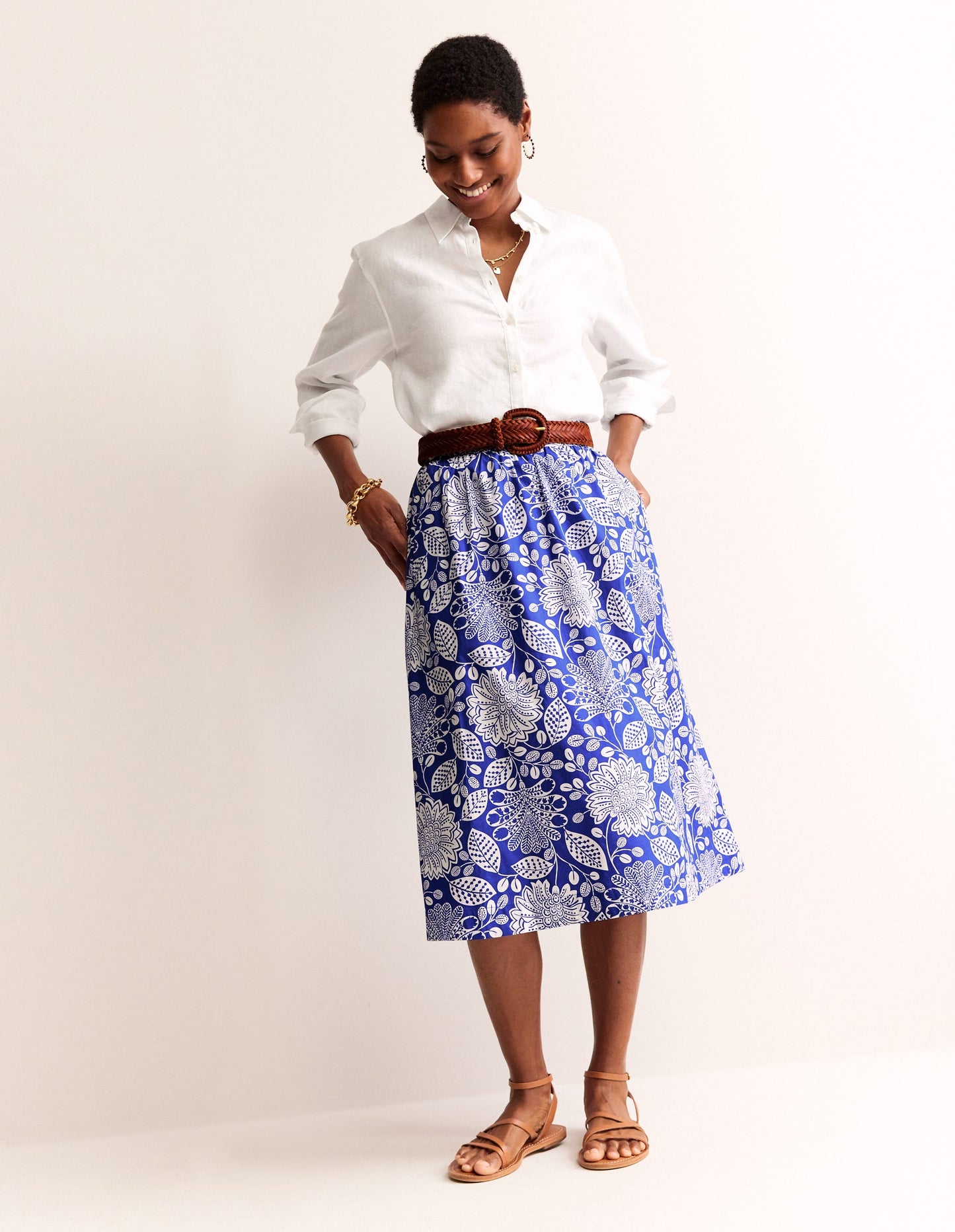 Hattie Poplin Midi Skirt-Surf The Web, Gardenia Swirl