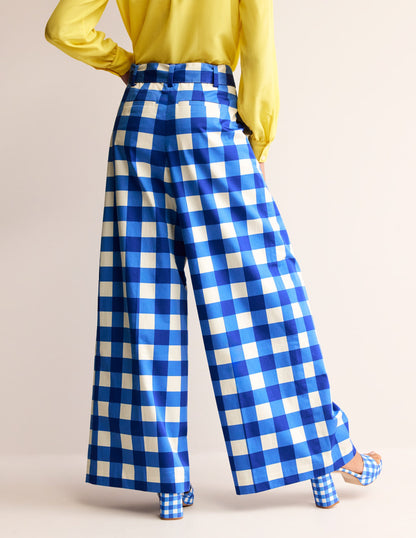 Palazzo Cotton Sateen Trousers-Nautical Blue & Ivory Gingham