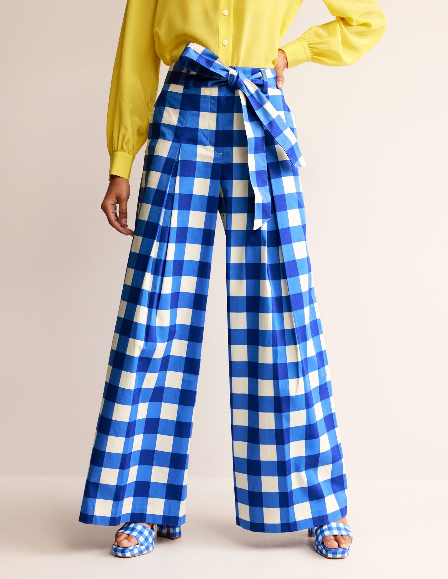 Palazzo Cotton Sateen Trousers-Nautical Blue & Ivory Gingham