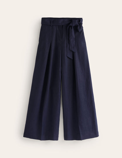 Palazzo Linen Trousers-Navy