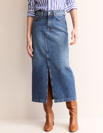 5 Pocket Denim Maxi Skirt-Mid Wash