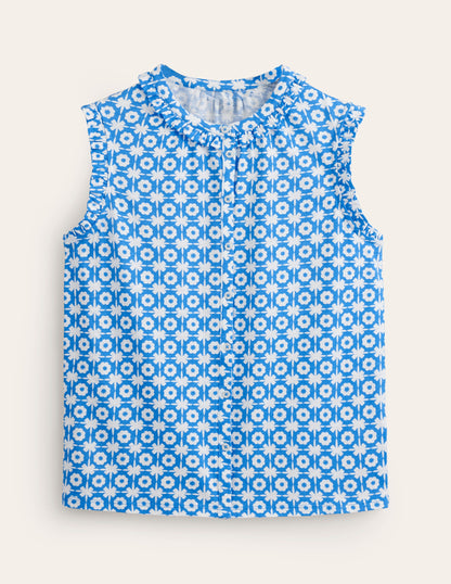 Olive Sleeveless Shirt-Brilliant Blue, Blossom Tile