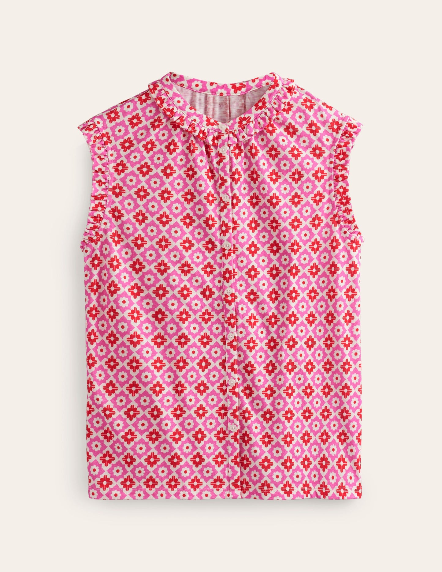 Olive Sleeveless Shirt-Pink Power, Geometric Stamp