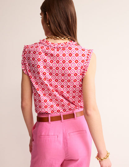 Olive Sleeveless Shirt-Pink Power, Geometric Stamp