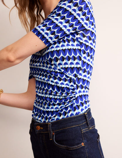 Wrap Front Jersey Top-Blue, Abstract Illusion