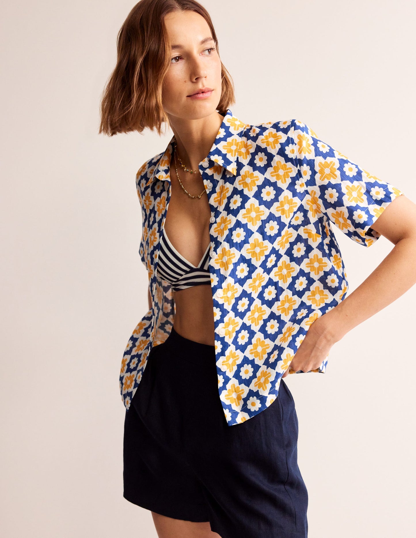 Hazel Short Sleeve Linen Shirt-Surf The Web, Geometric Stamp