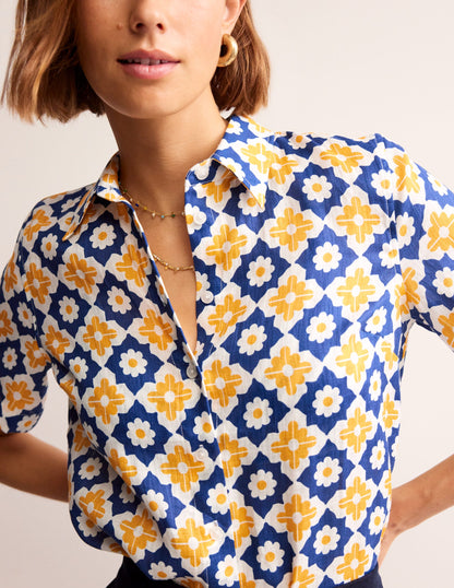 Hazel Short Sleeve Linen Shirt-Surf The Web, Geometric Stamp