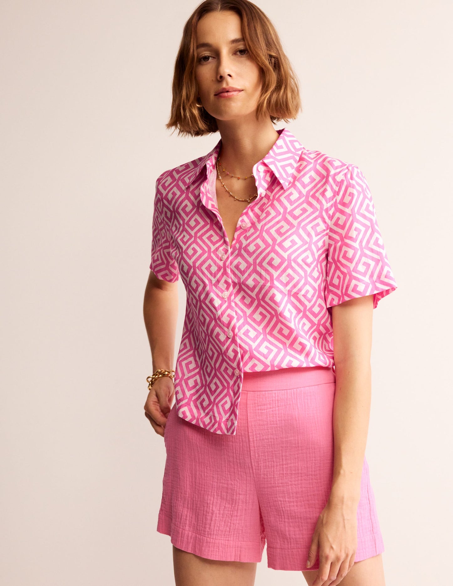 Hazel Short Sleeve Linen Shirt-Pink Power, Maze