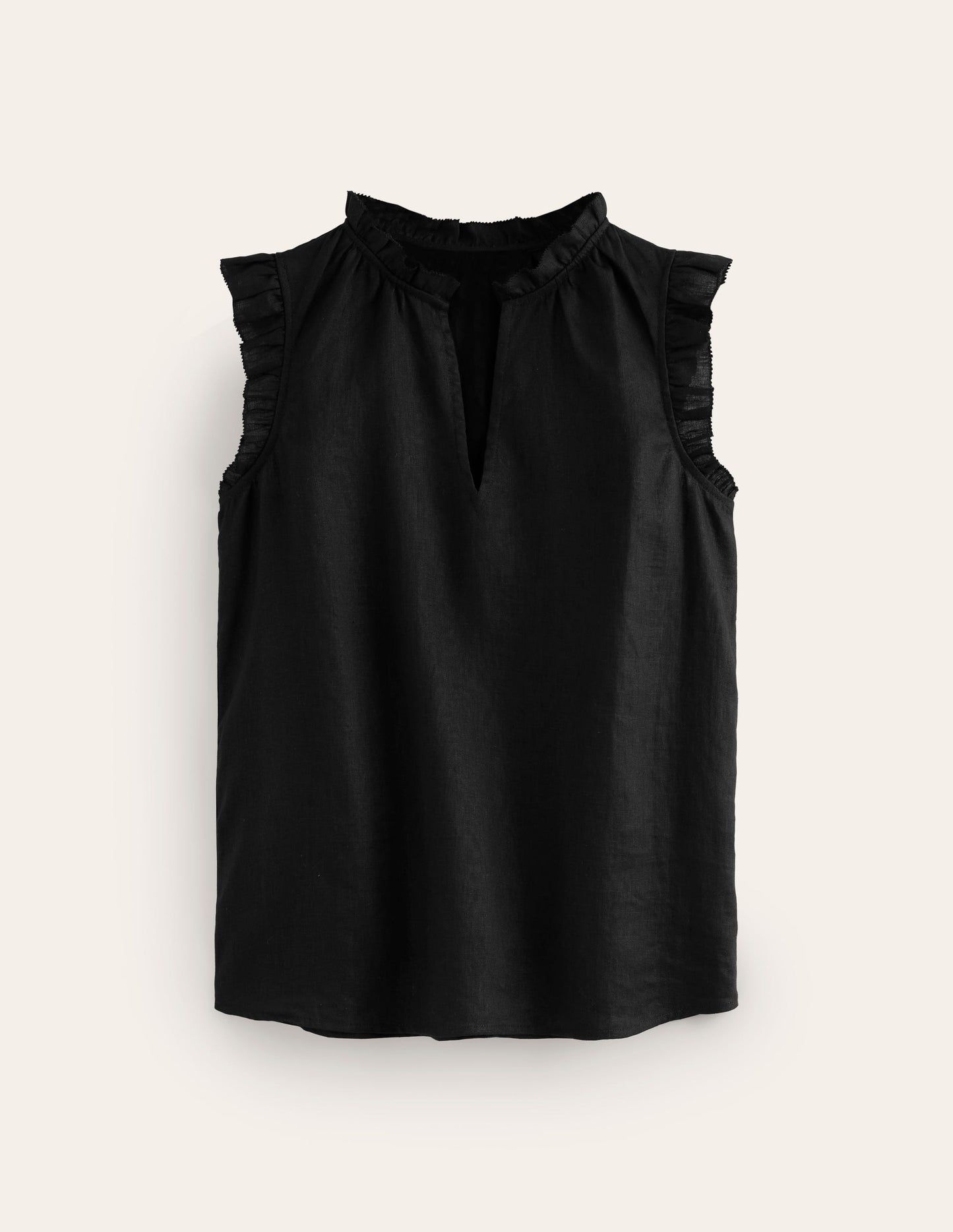 Frill Sleeve Linen Notch Top-Black